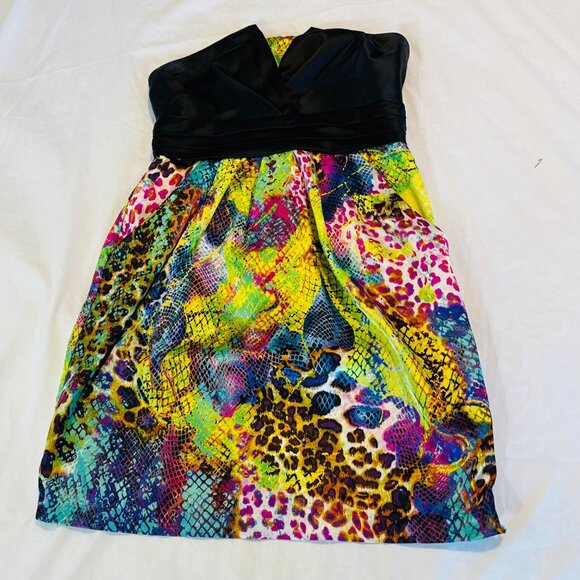 Charlotte Strapless Dress With Vibrant Animal Print & Black Satin Bodice Size 4 - Picture 3 of 14